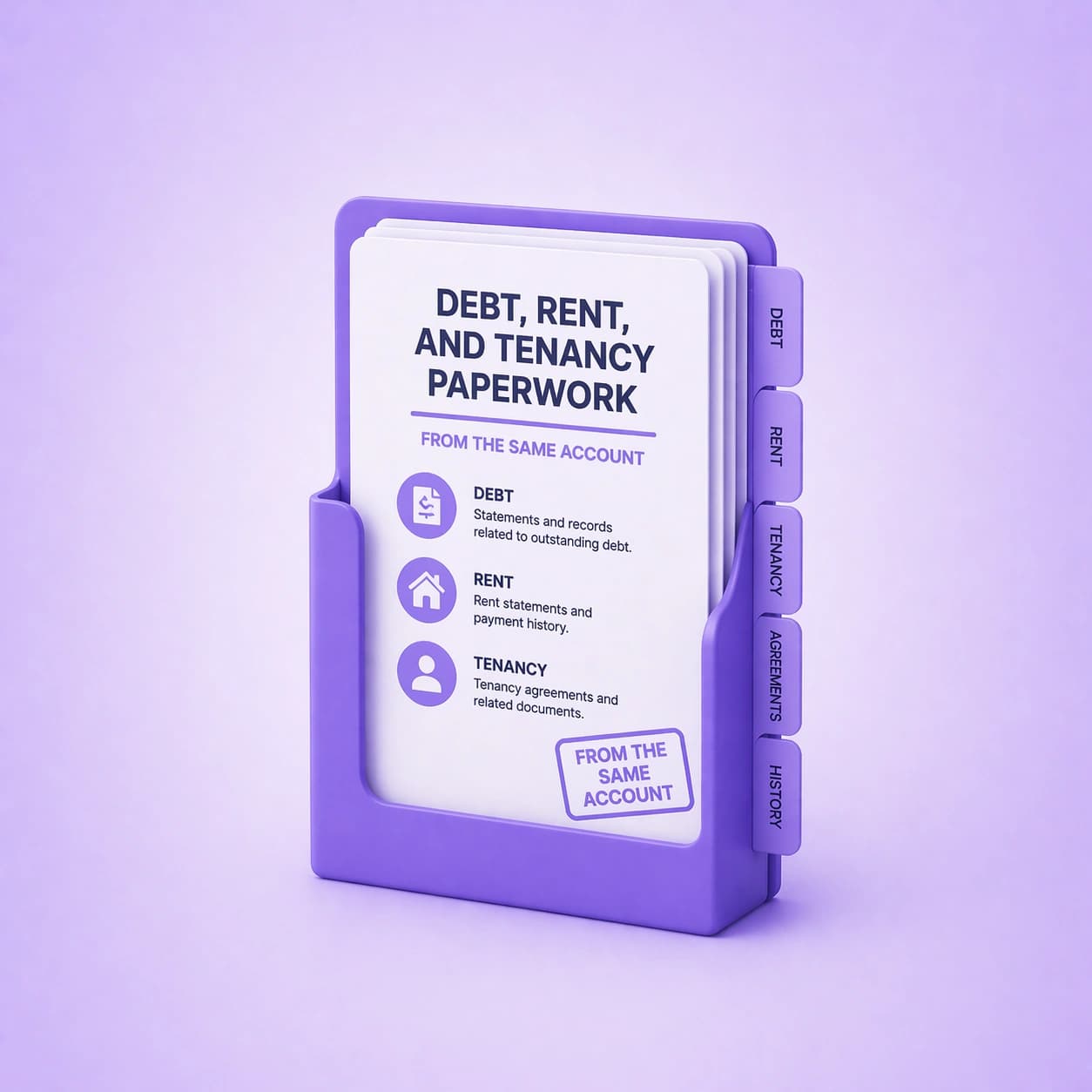 Debt, rent, and tenancy paperwork from the same account