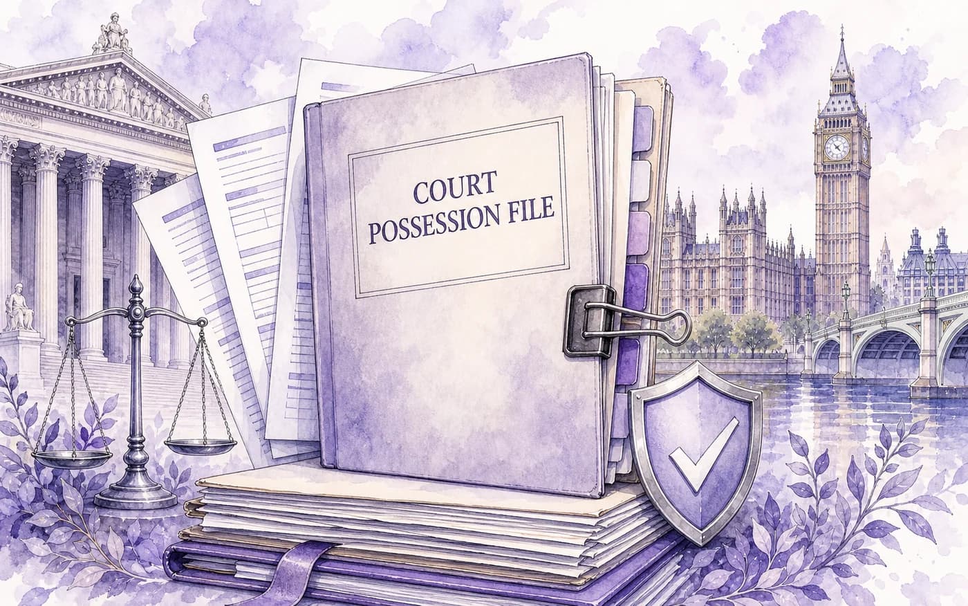 Watercolor court possession file with evidence bundle and court motif