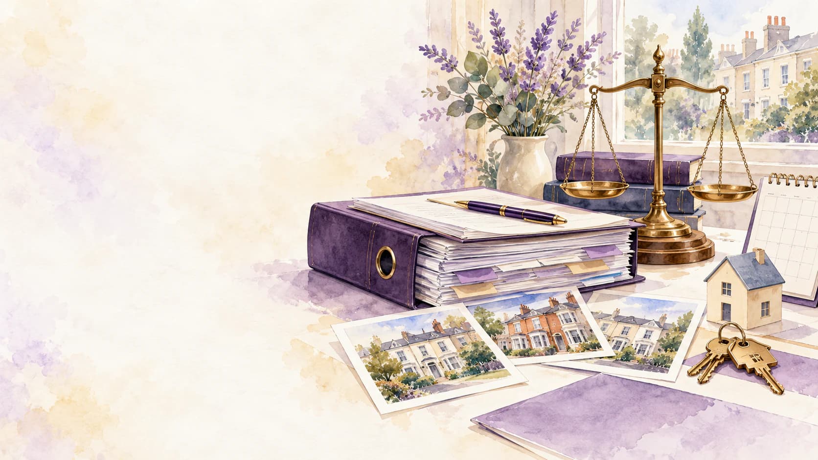 Watercolour illustration of a rent challenge evidence file, balanced scales and comparable properties