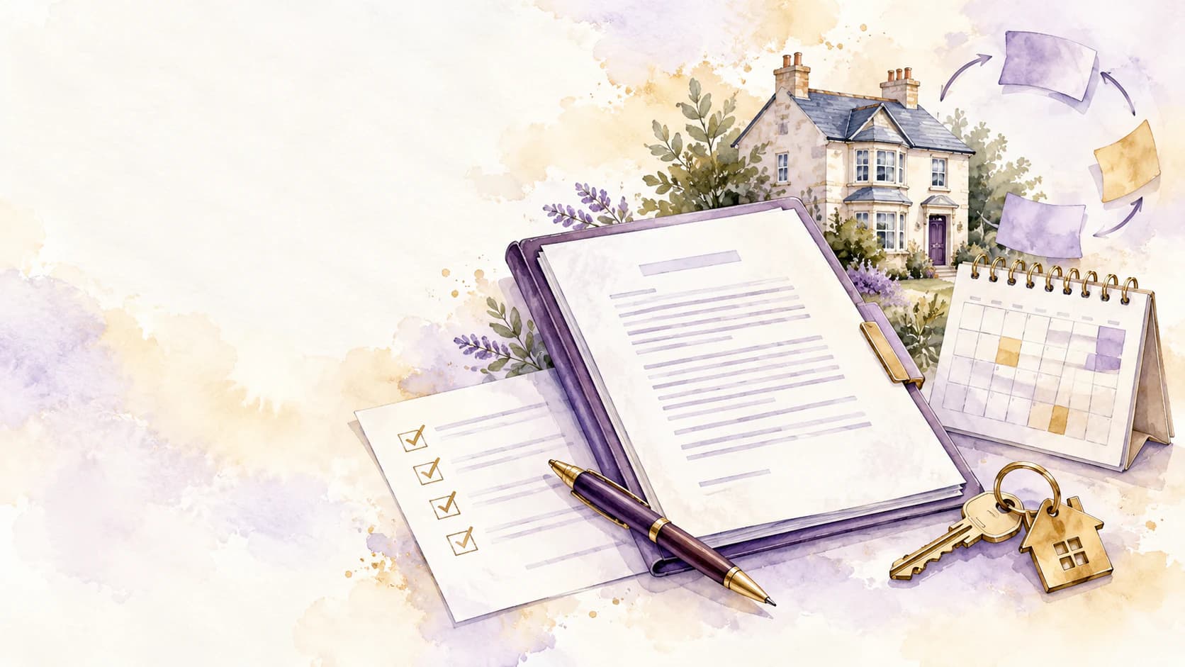 Watercolour illustration of an up-to-date tenancy agreement, review checklist, calendar and property keys