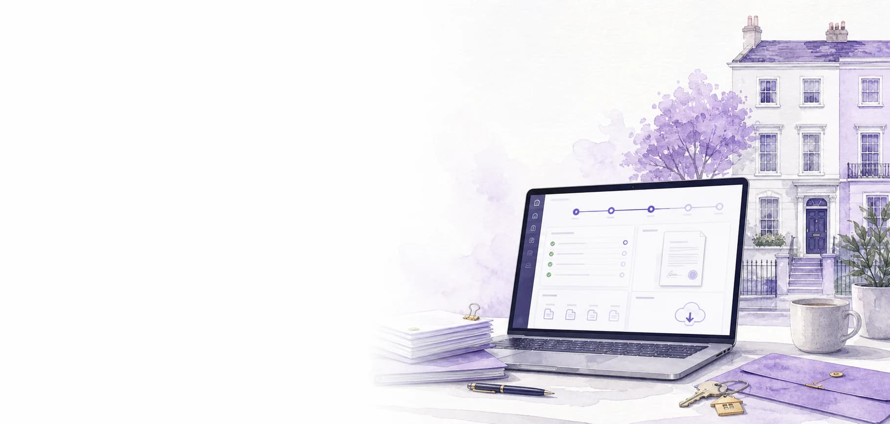 Watercolour illustration of a guided landlord document workspace