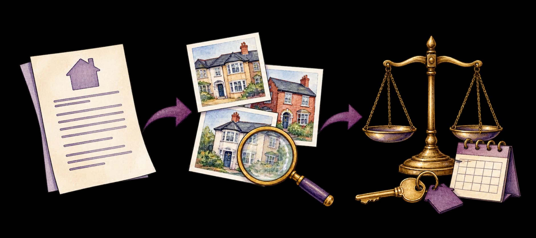 Transparent watercolour illustration showing the journey from rent notice to comparable evidence and a fair determination