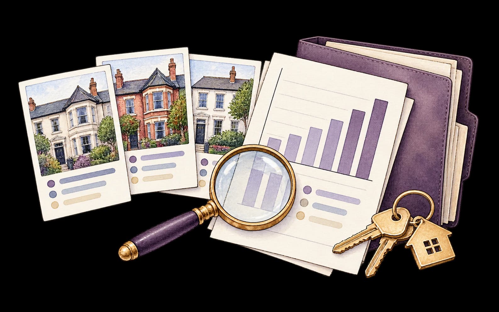 Transparent watercolour illustration of property comparables, a rent evidence chart, magnifying glass and keys