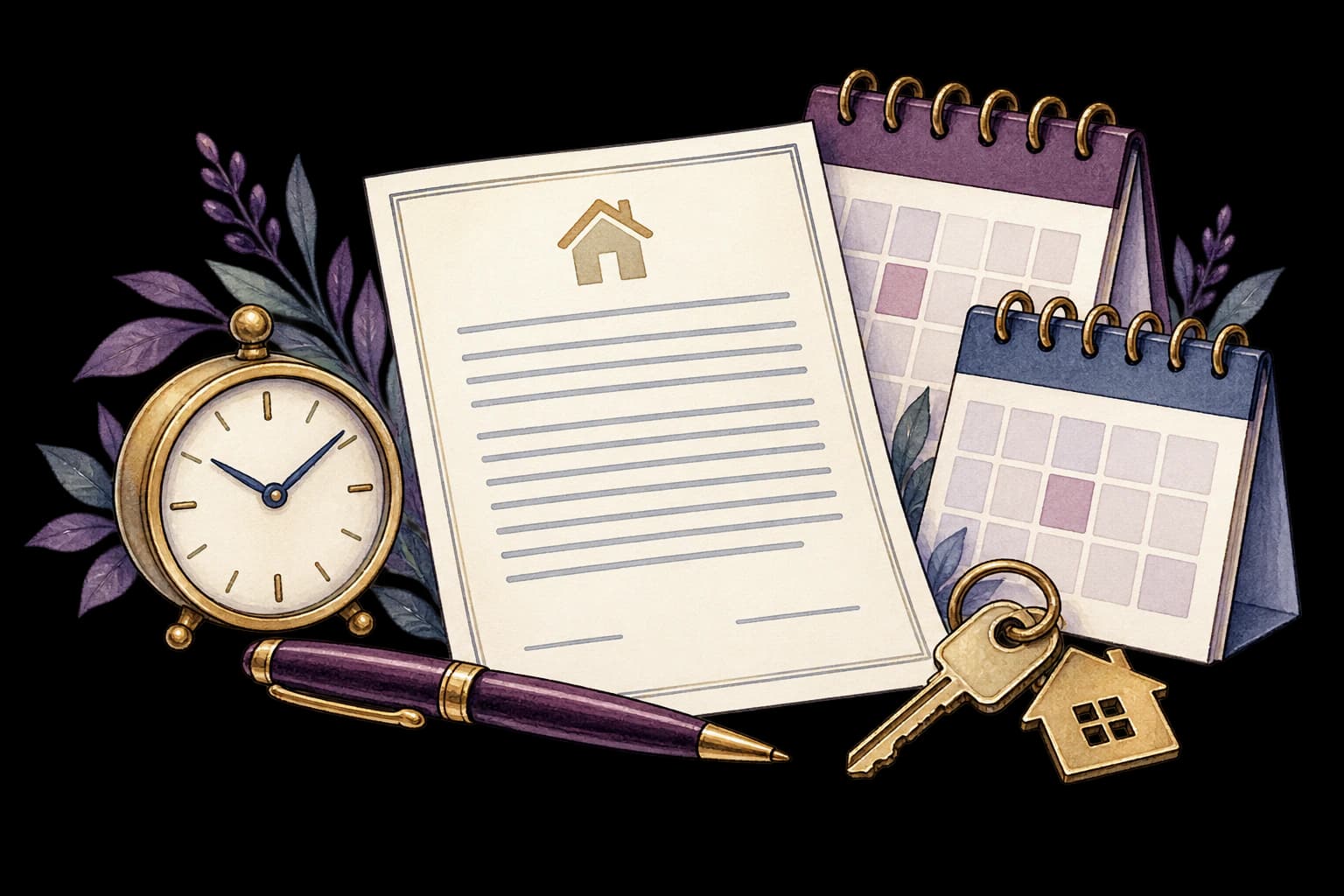 Transparent watercolour illustration of a rent notice, calendars, clock, pen and property keys