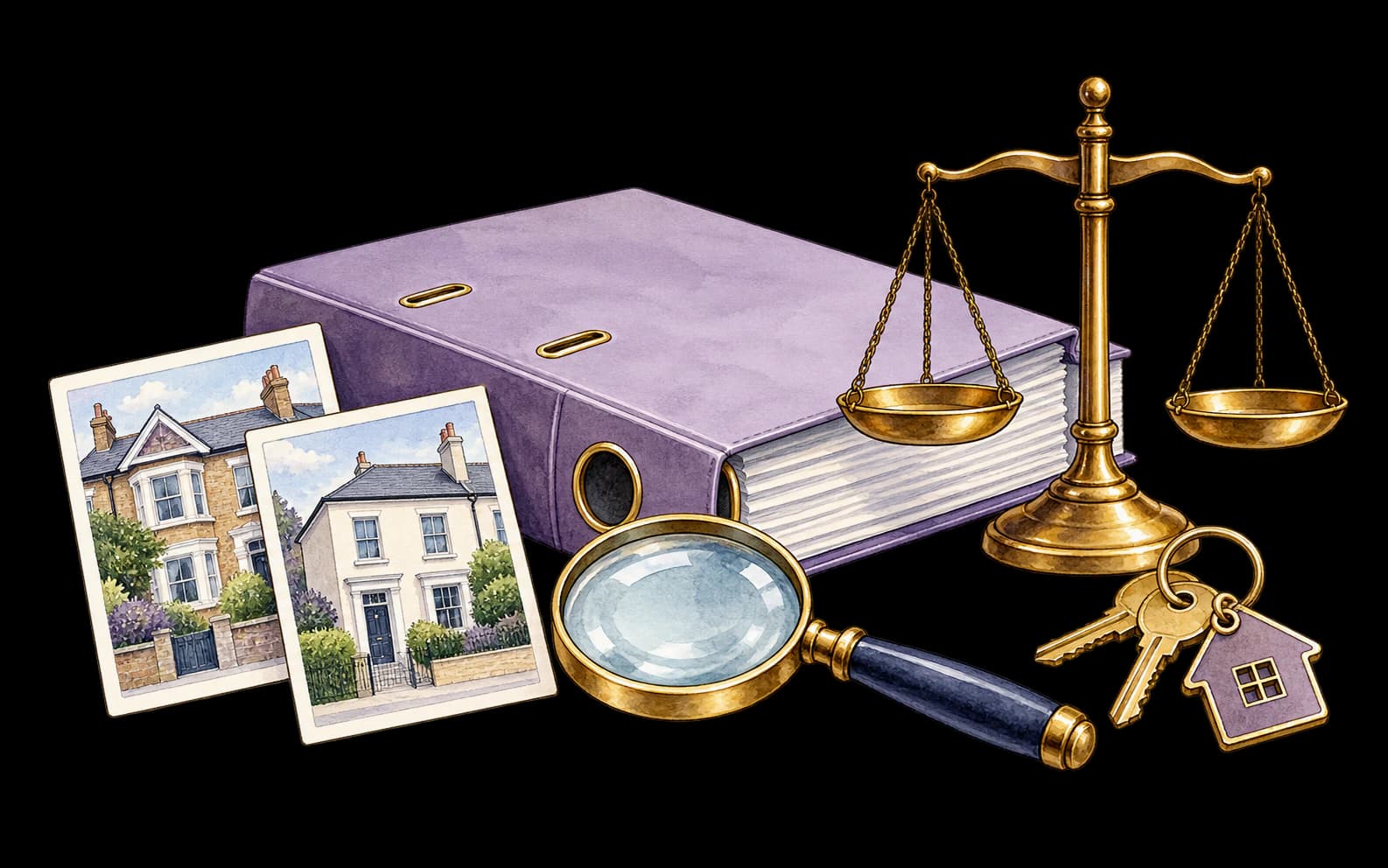 Transparent watercolour illustration of a tribunal evidence binder, balanced scales, comparable homes and keys