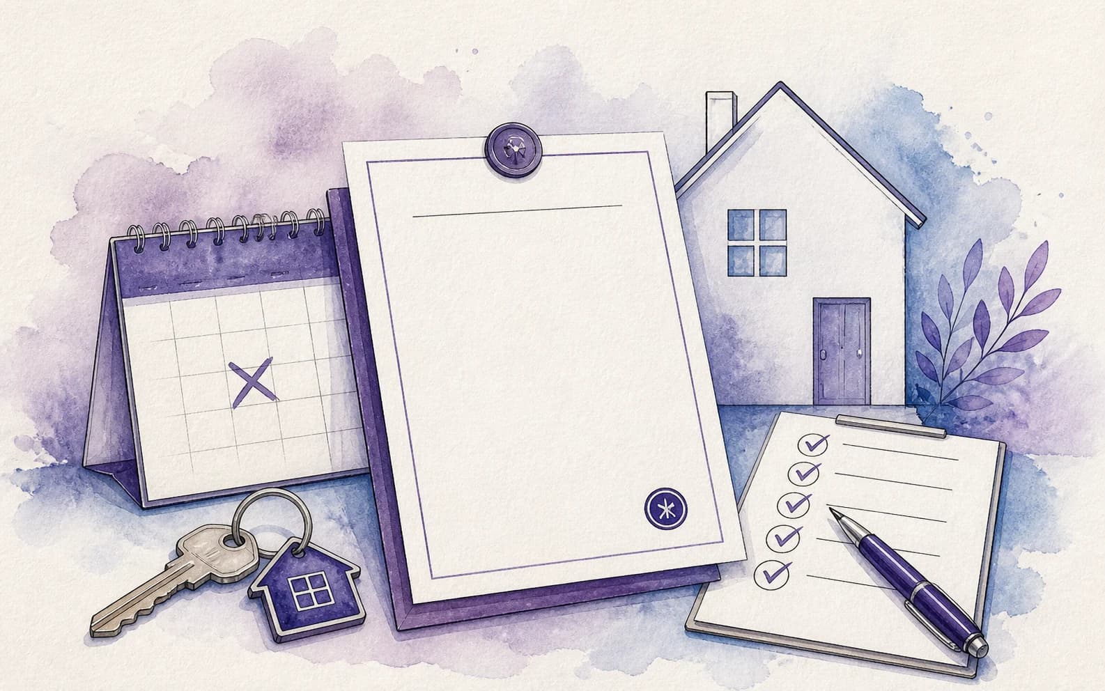 Waterbrush illustration of a possession notice, calendar and rental home