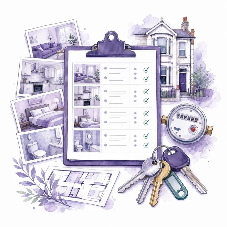 Watercolour illustration of an inventory checklist and property keys