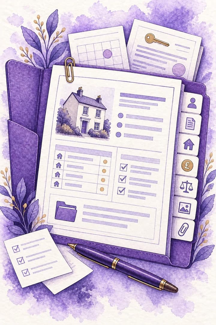 Portrait watercolour illustration of an organised Section 8 case summary folder