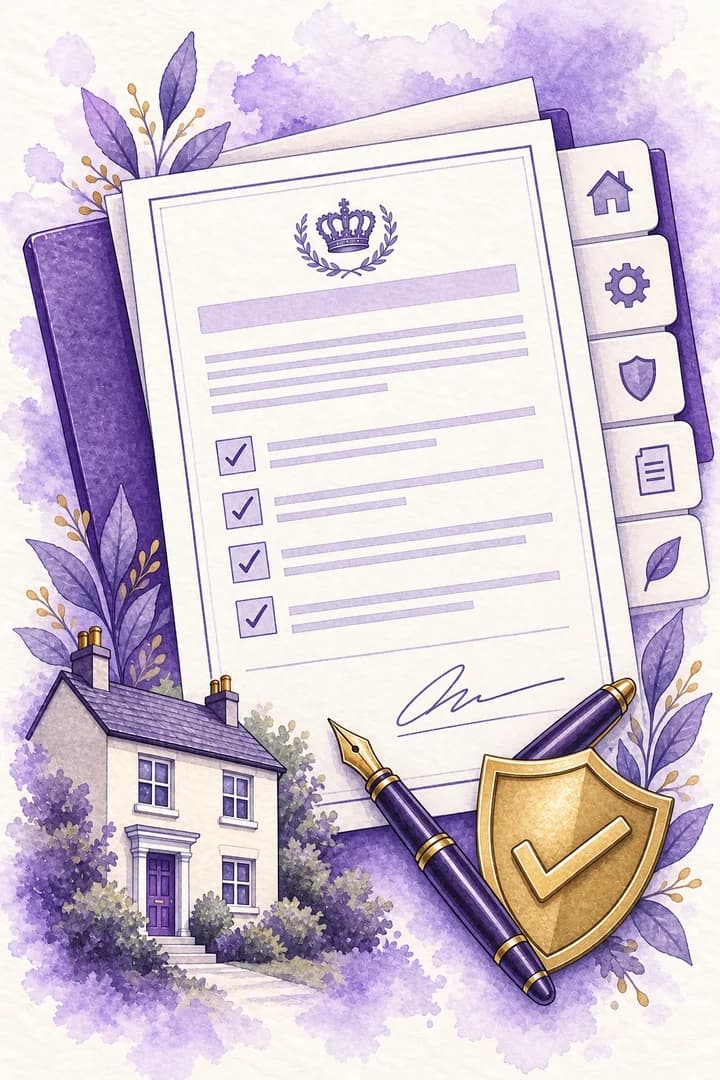 Portrait watercolour illustration of a signed compliance declaration and supporting records