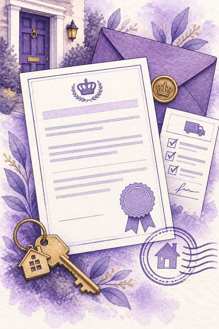 Portrait watercolour illustration of a service certificate, sealed envelope and dated record