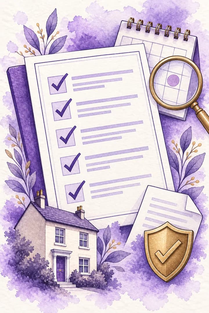 Portrait watercolour illustration of a notice checklist, date review and compliance shield