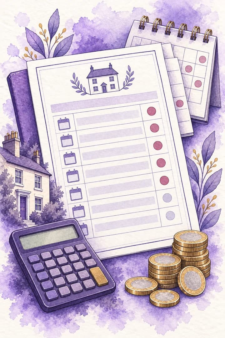 Portrait watercolour illustration of a rent arrears ledger, calculator and rental home