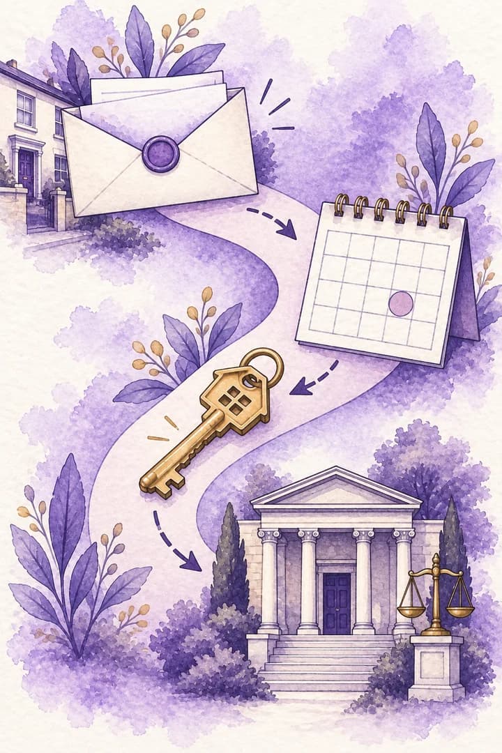 Portrait watercolour illustration of the steps from served notice to a possible court claim