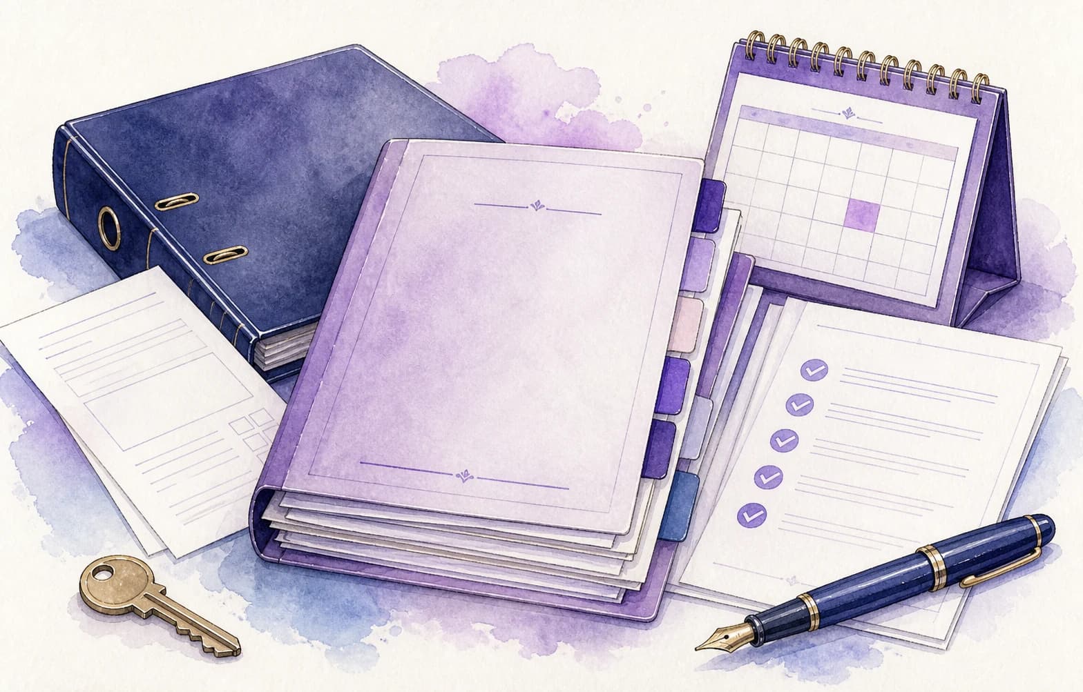 Waterbrush illustration of a possession case file, court forms and property keys
