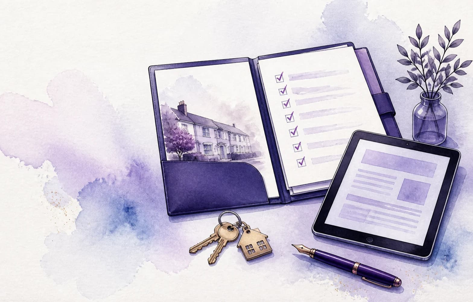 Watercolour illustration of landlord document preparation and property keys