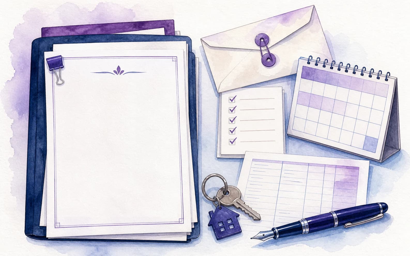 Waterbrush illustration of a landlord checking a Section 8 notice and service file