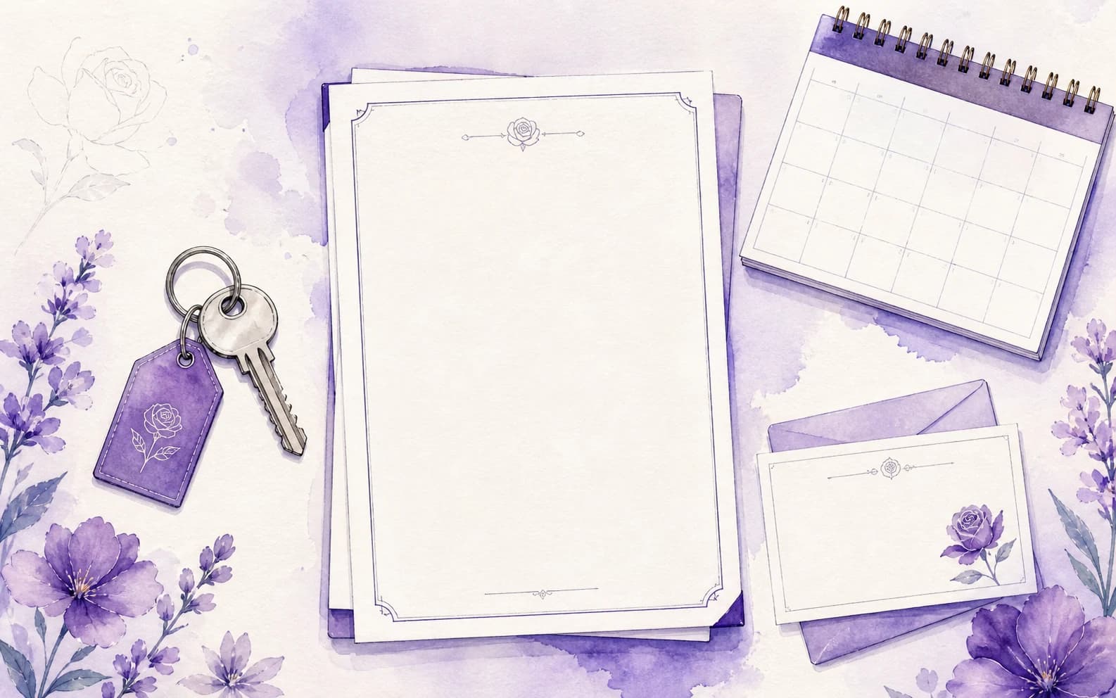 Watercolour illustration of an England tenancy agreement and property keys