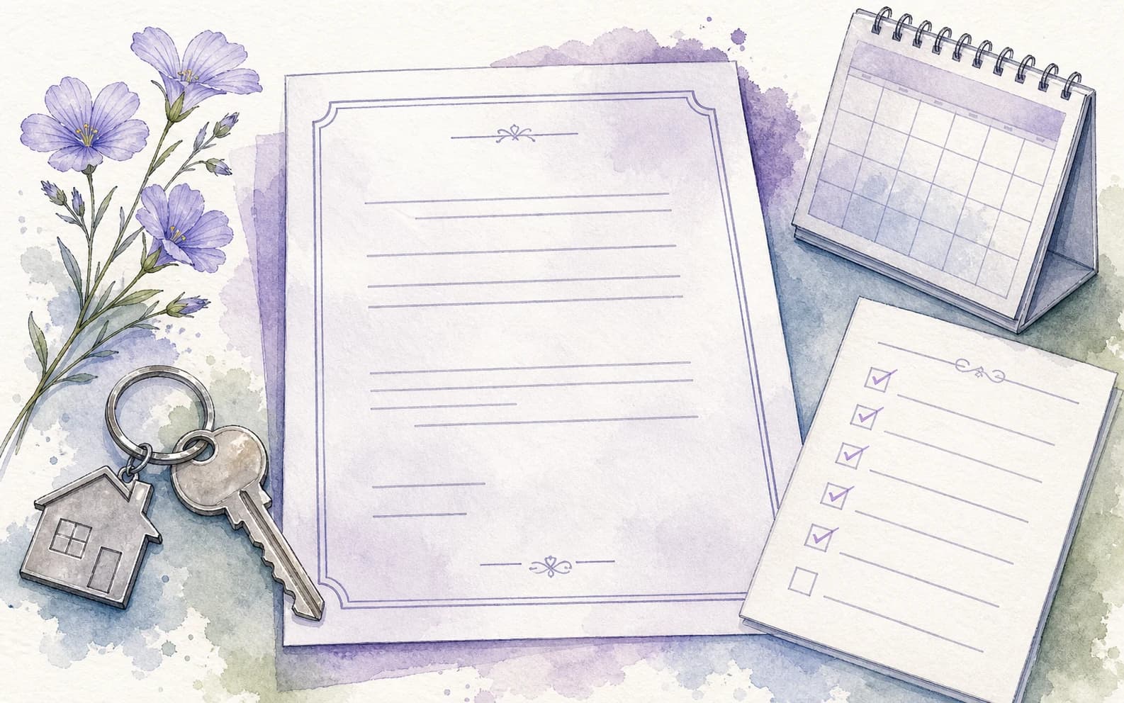 Watercolour illustration of a Northern Ireland tenancy agreement and keys