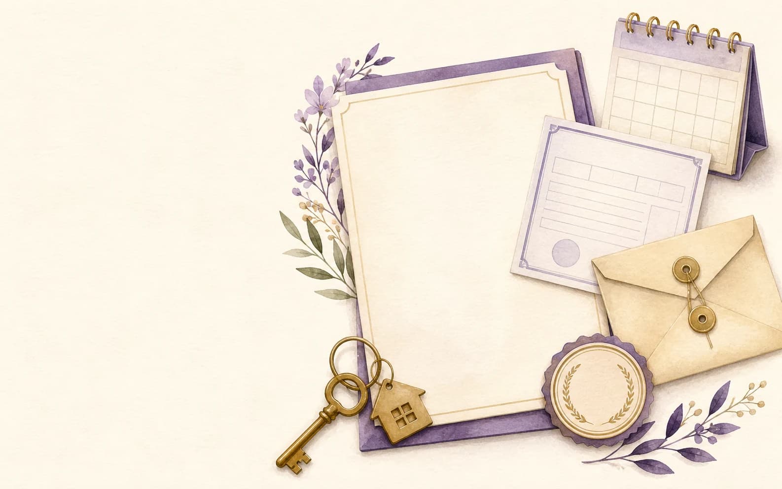 Waterbrush illustration of a Northern Ireland tenancy agreement, safety certificate, calendar, deposit record and keys