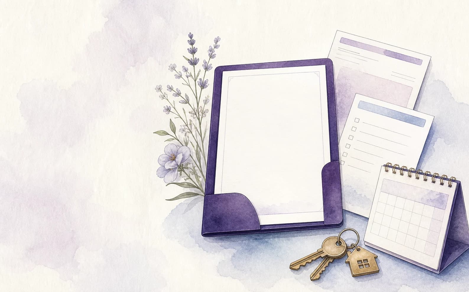 Waterbrush illustration of a Northern Ireland tenancy file, information checklist, calendar and keys