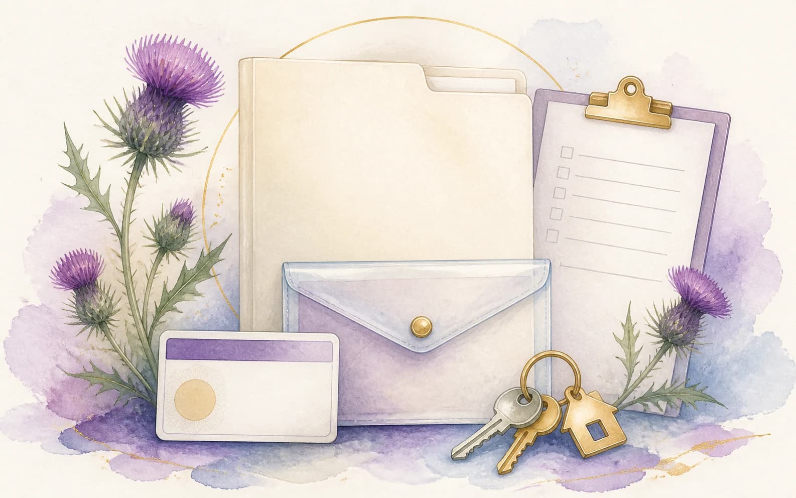 Waterbrush illustration of Scottish PRT compliance records, deposit information, checklist and keys