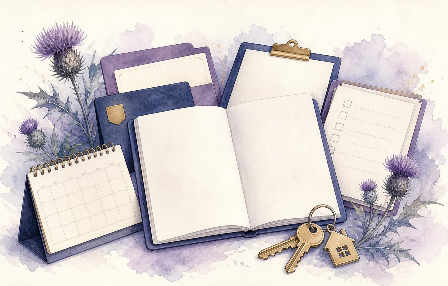 Waterbrush illustration of a Scottish PRT file, move-in calendar, checklist and keys
