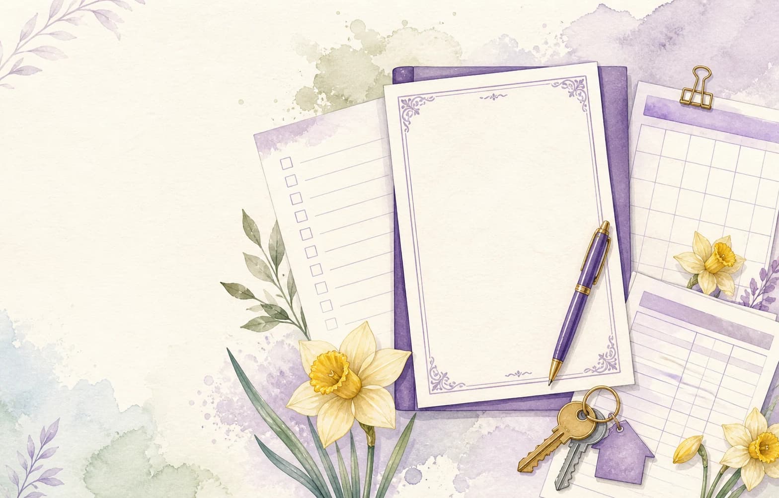 Waterbrush illustration of a Wales occupation contract, written-statement checklist, calendar and keys