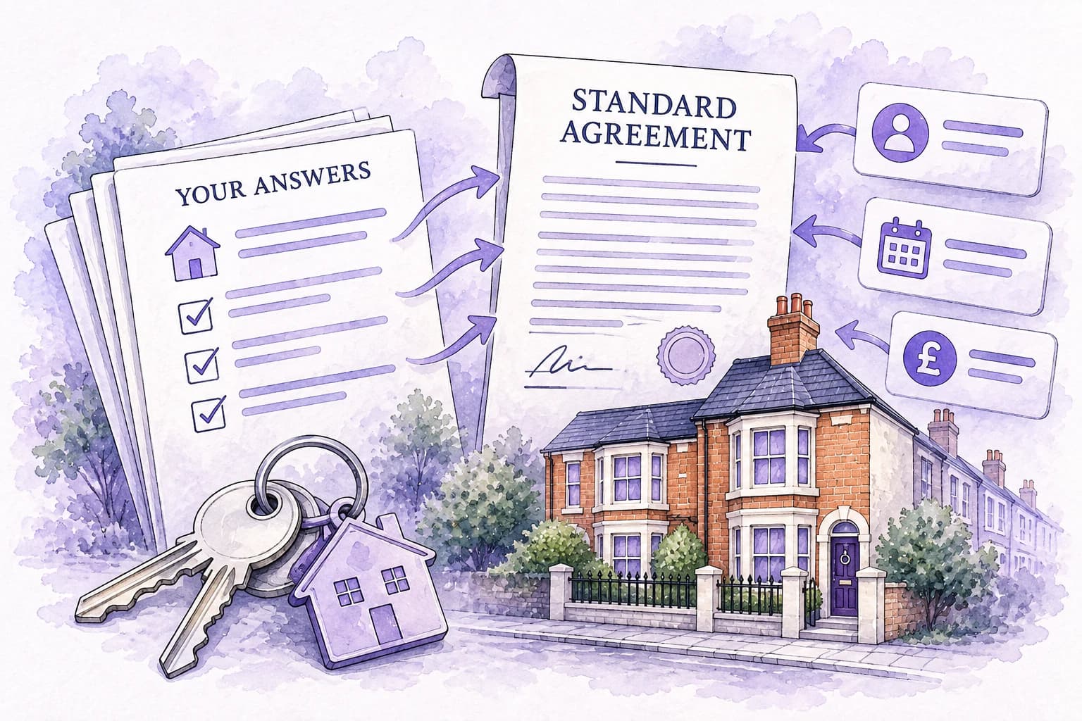 Illustrated tenancy agreement, English rental property, key and connected tenancy details