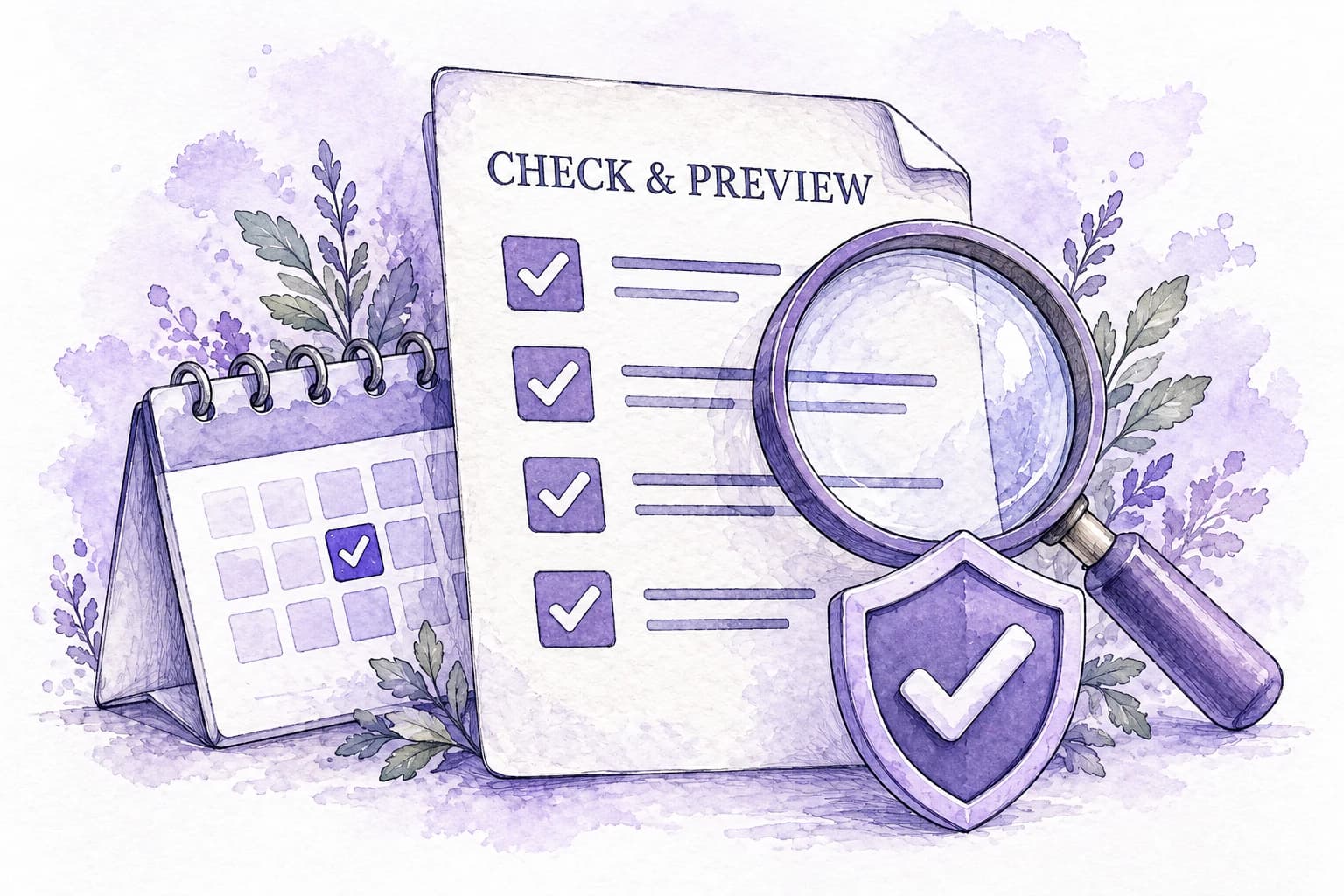 Illustrated validation checklist, magnifying glass, calendar and shield check