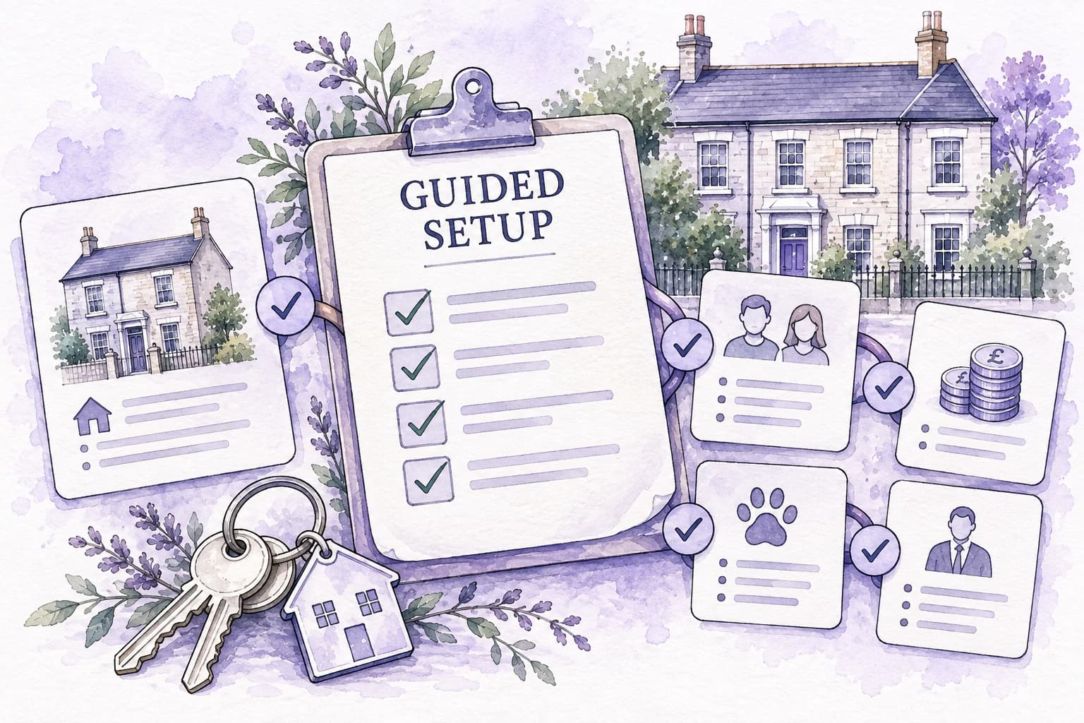 Watercolour illustration of a guided setup connecting the property, tenants and rent details