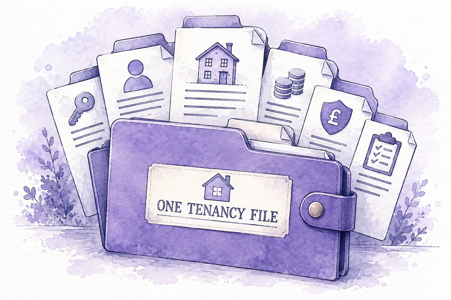 Illustrated property folder holding joined-up tenancy, rent, deposit and handover records