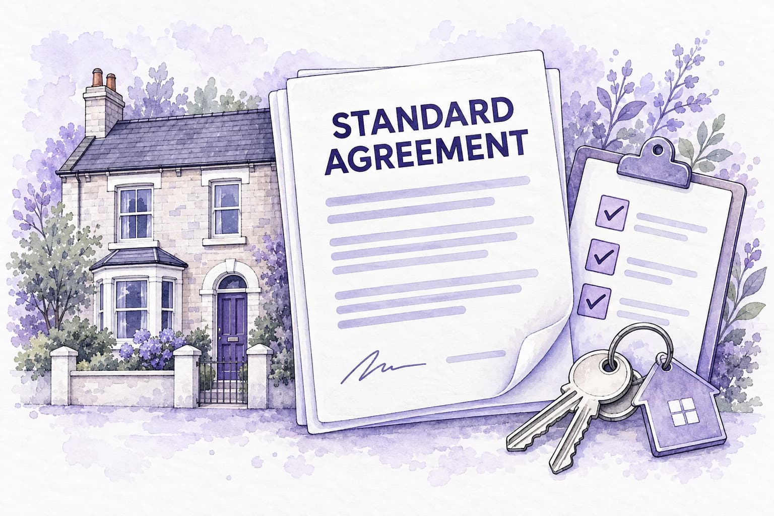 Watercolour illustration of a Standard agreement, England home, checklist and keys