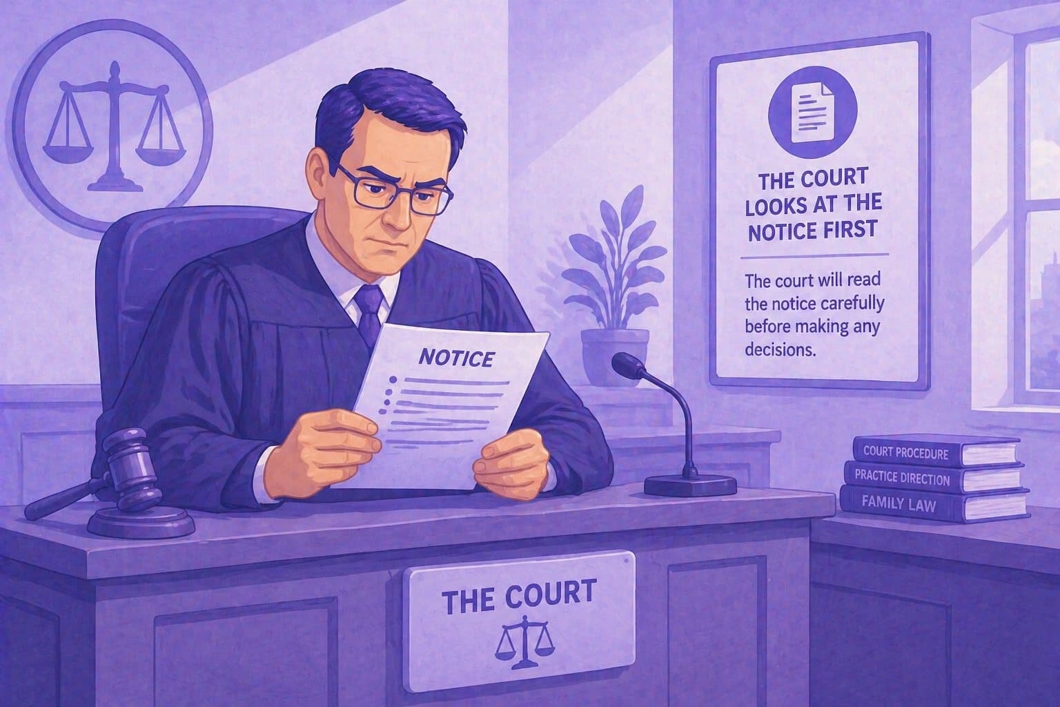 Court paperwork and notice review illustration