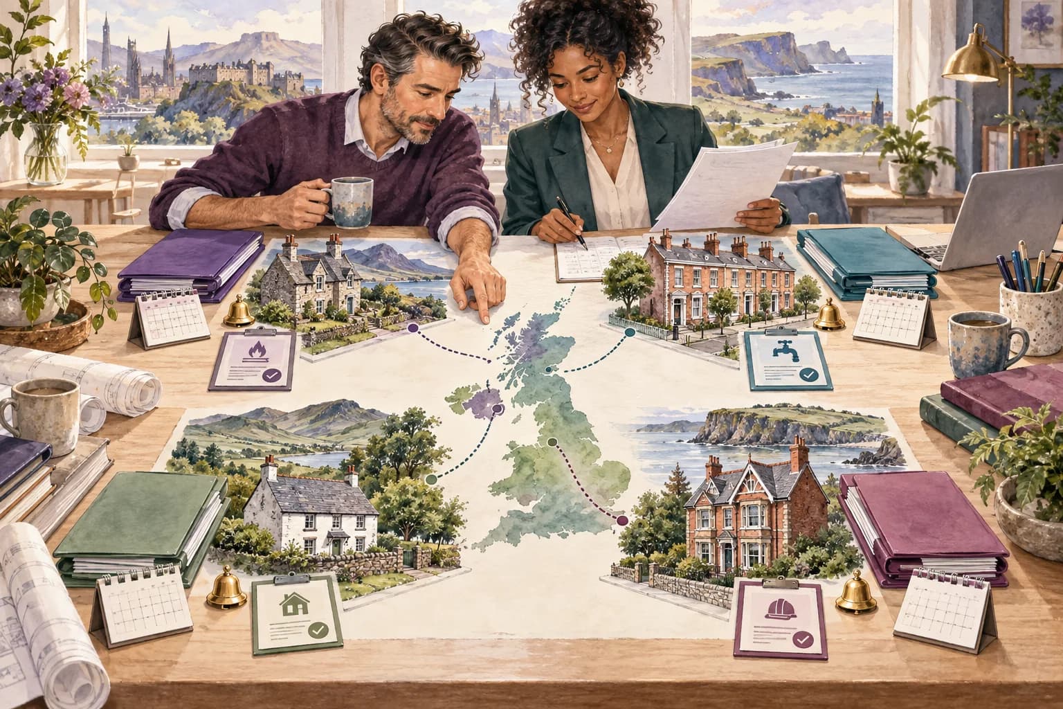 Cross-border landlord portfolio with separate registration files and renewal calendars for the four UK nations