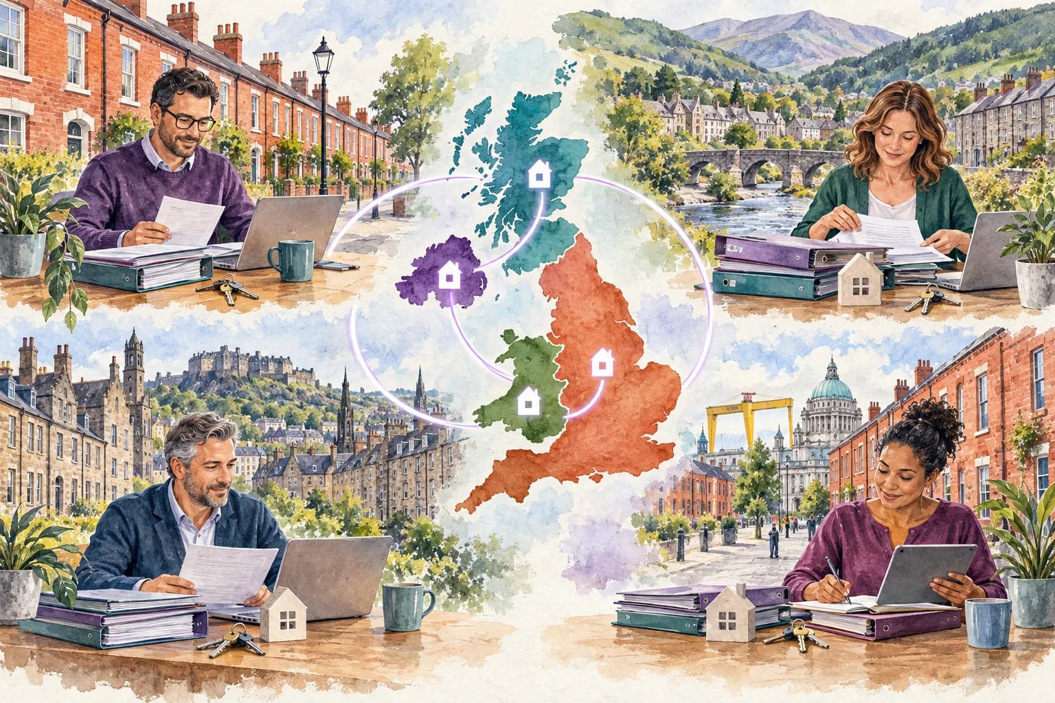 Illustrated comparison of landlord registration across England, Wales, Scotland and Northern Ireland