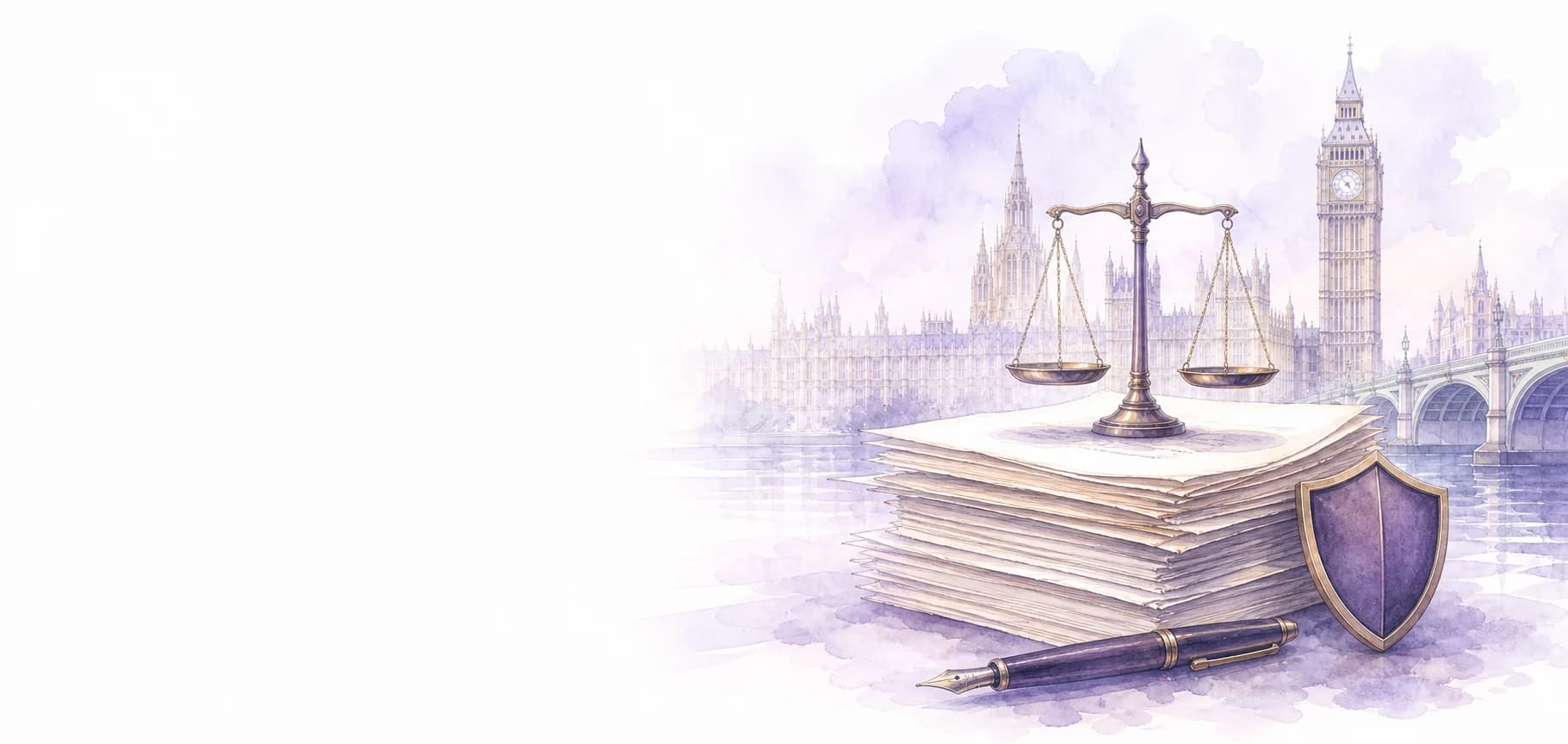 Formal terms documents with scales, pen and legal protection