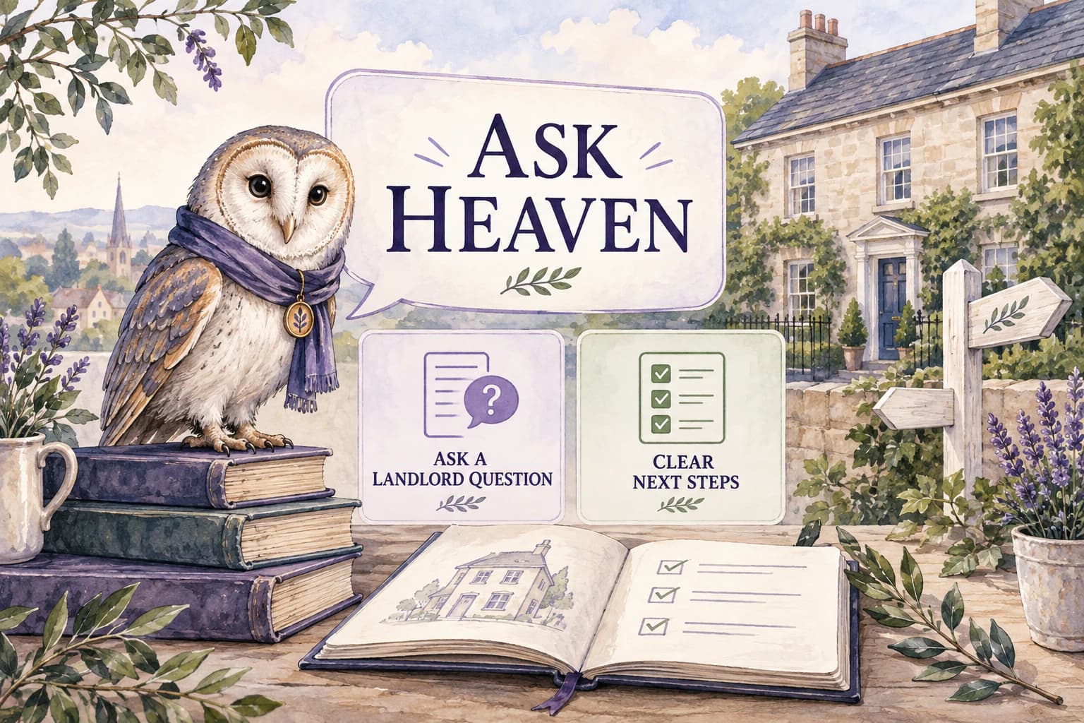 Watercolour Ask Heaven landlord helper with question and clear next steps cards