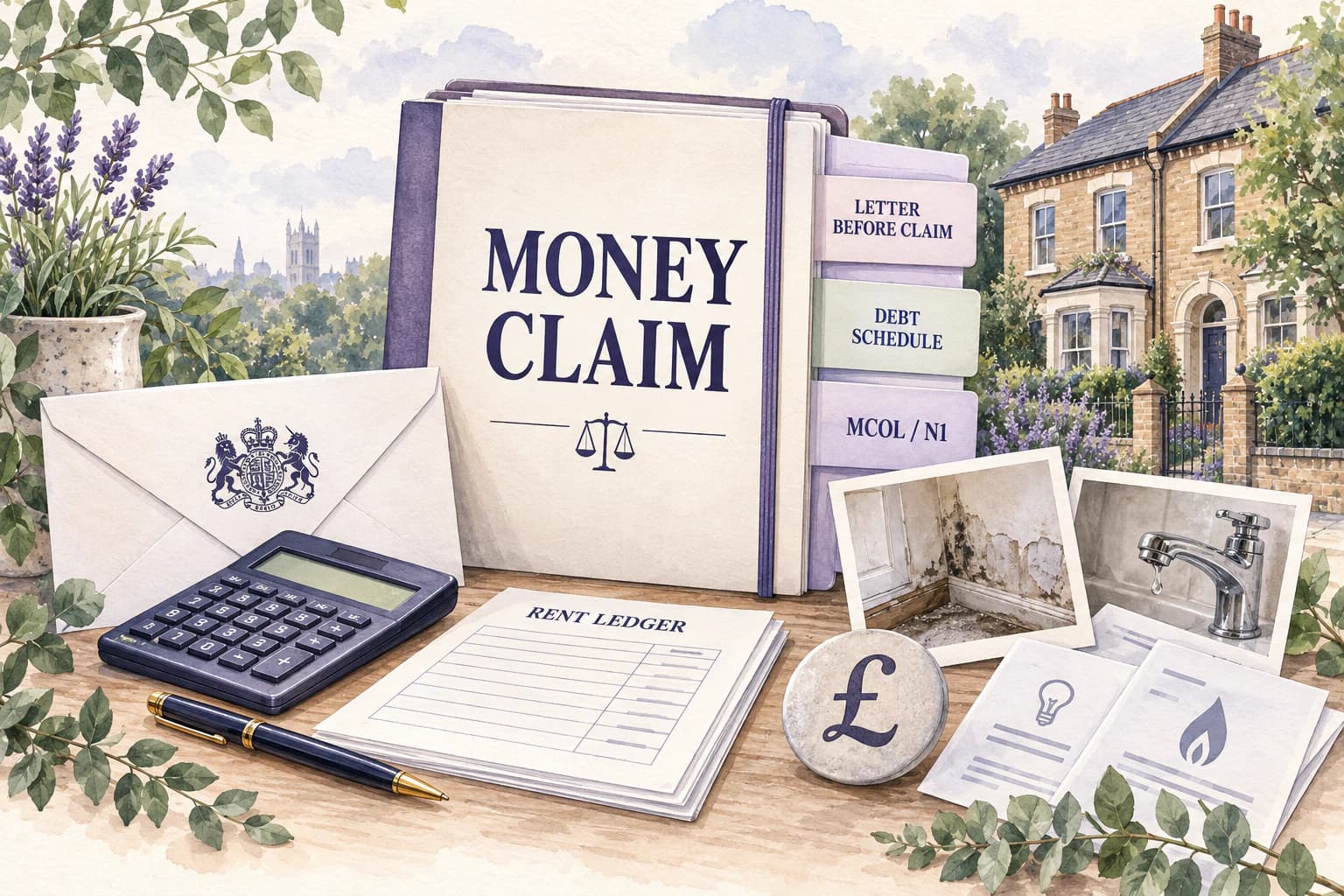 Watercolour Money Claim file labelled letter before claim, debt schedule and MCOL or N1