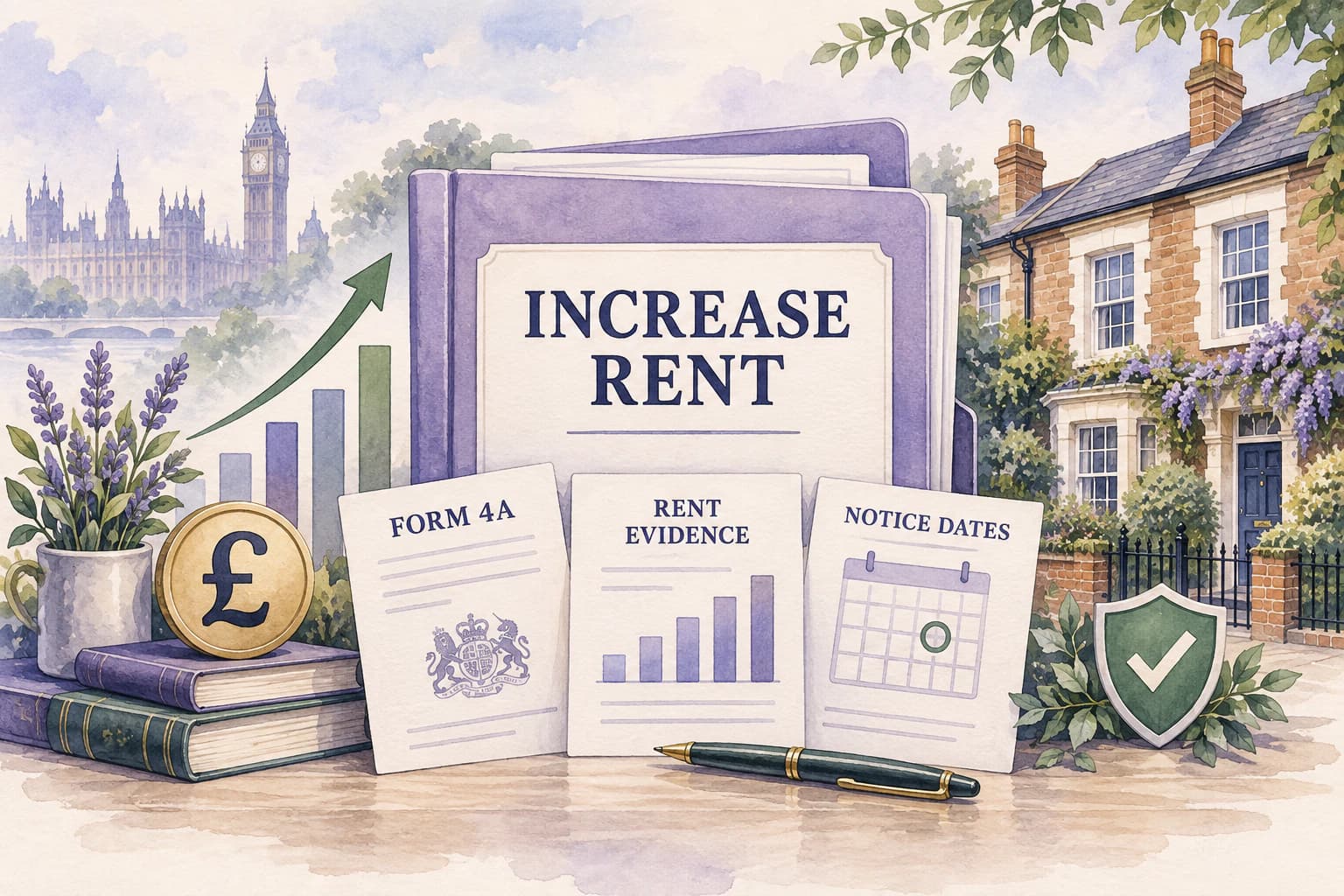 Watercolour Increase Rent file labelled Form 4A, rent evidence and notice dates