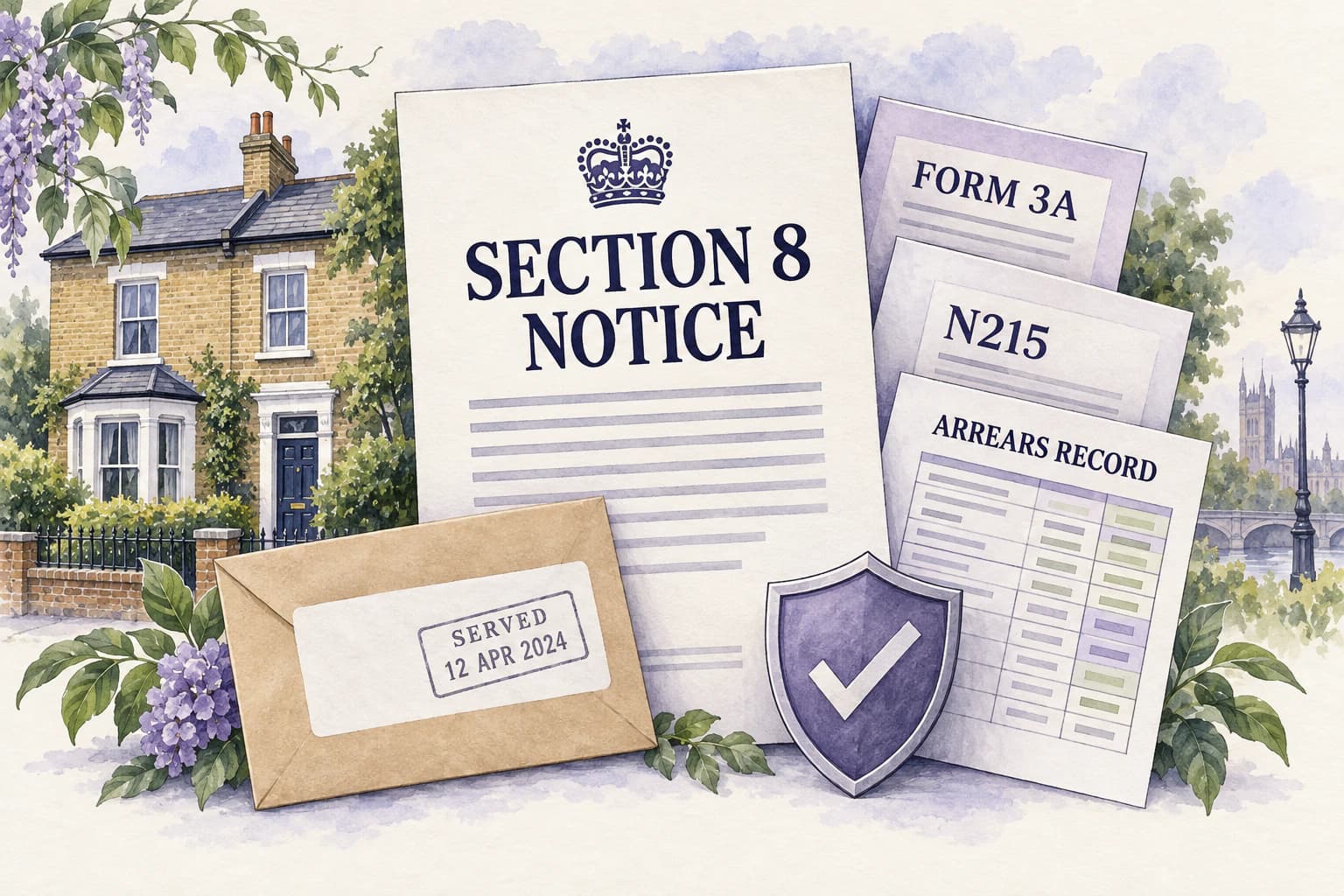 Watercolour Section 8 notice file labelled Form 3A, N215 and arrears record