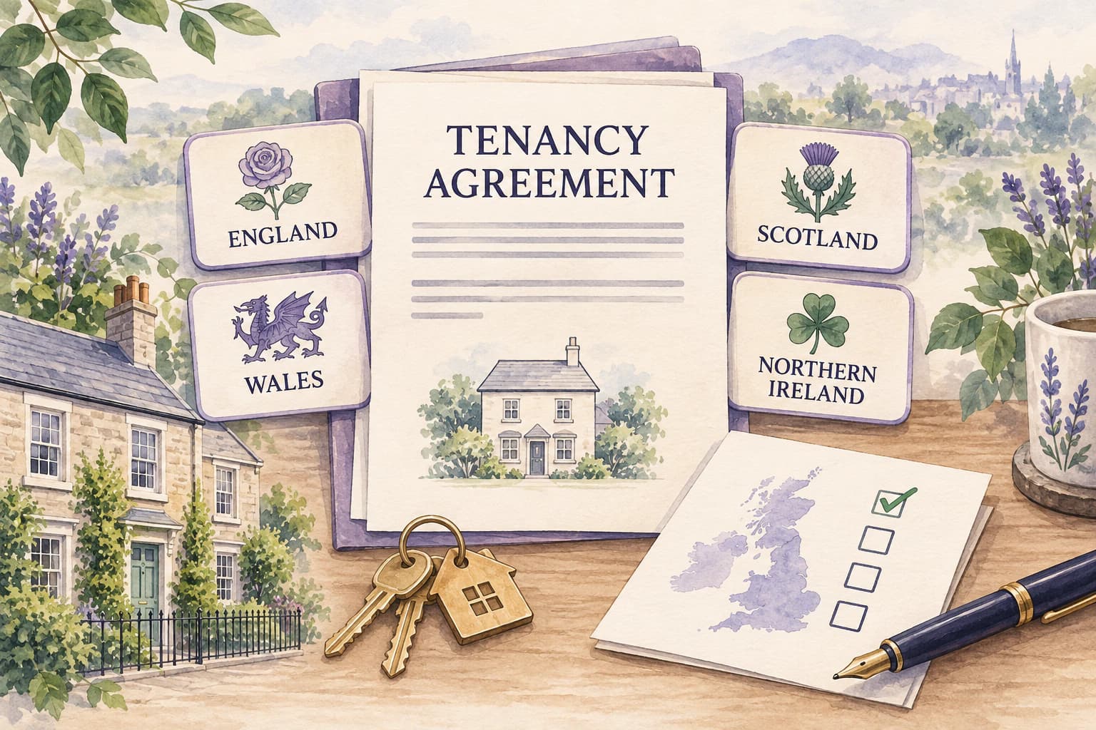 Watercolour Tenancy Agreement selector for England, Wales, Scotland and Northern Ireland