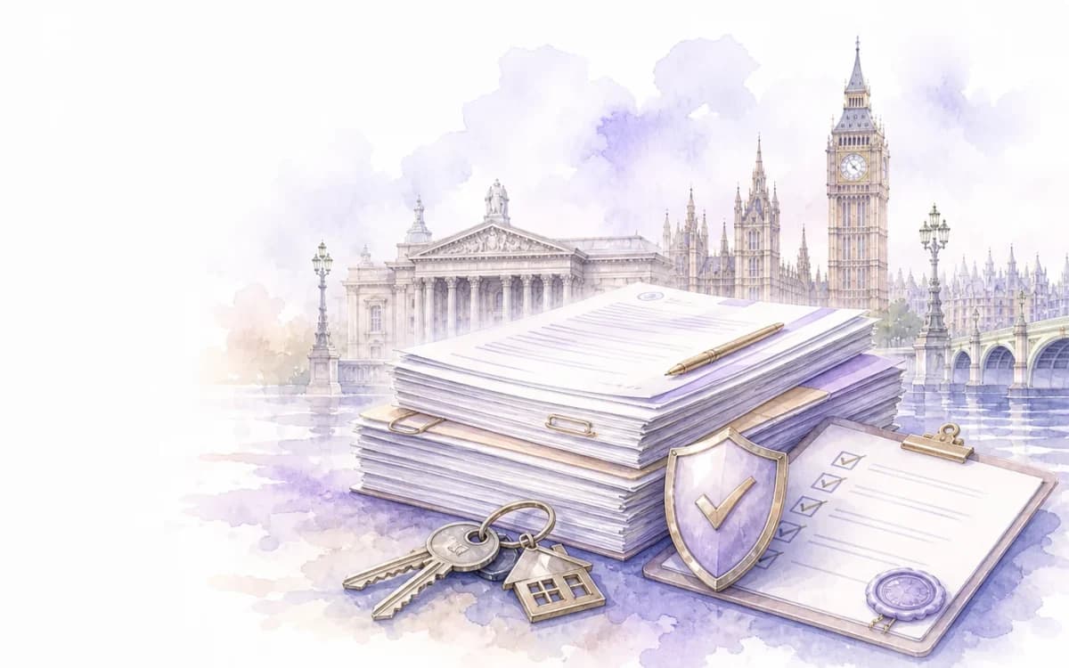 Watercolour illustration of a complete possession claim bundle and property keys