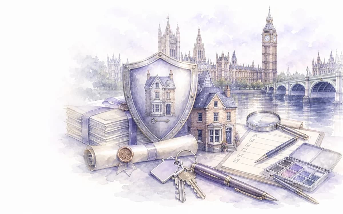 Watercolour illustration of a premium England tenancy agreement and landlord checklist