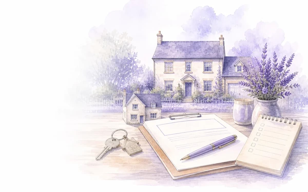 Watercolour illustration of a standard England tenancy agreement and keys