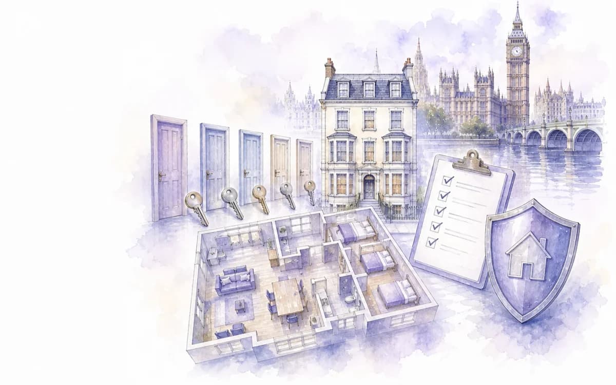 Watercolour illustration of a shared-house tenancy agreement and home keys