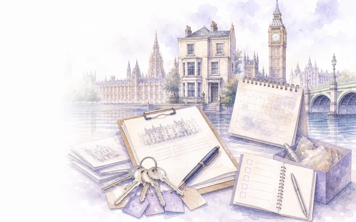 Watercolour illustration of a student tenancy agreement and university books