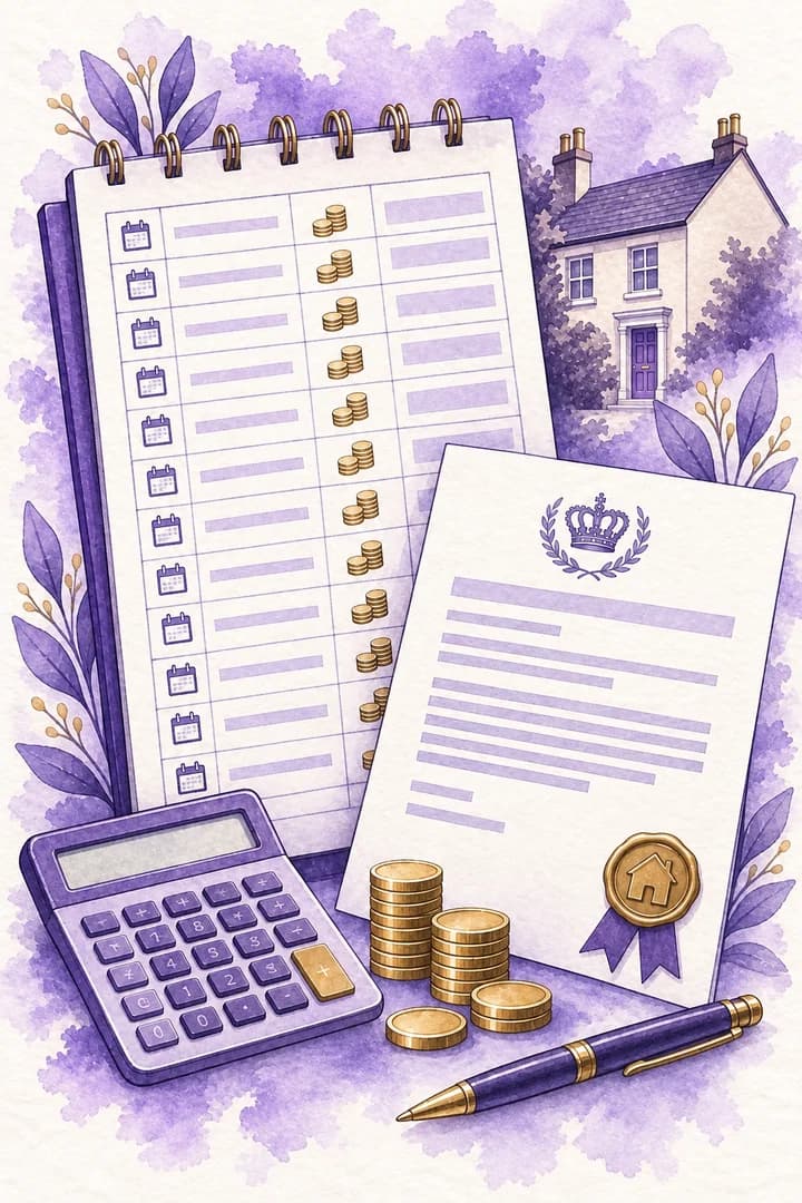 Portrait watercolour illustration of a rent ledger, engagement letter, calculator and coins