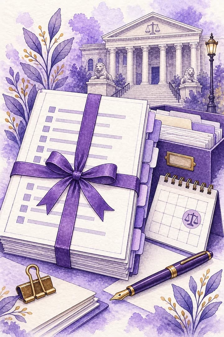 Portrait watercolour illustration of an indexed court bundle, filing papers and hearing calendar