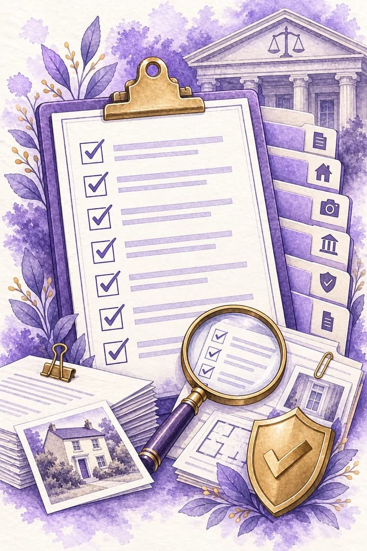Portrait watercolour illustration of a court-readiness checklist and organised evidence