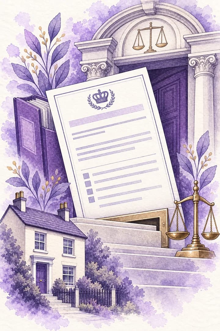 Portrait watercolour illustration of an N5 possession claim entering the court process